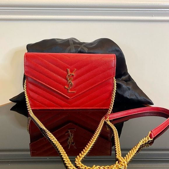 AUTHENTIC YSL Yves Saint Laurent Red Wallet on a Chain with gold hardware - Picture 2 of 9